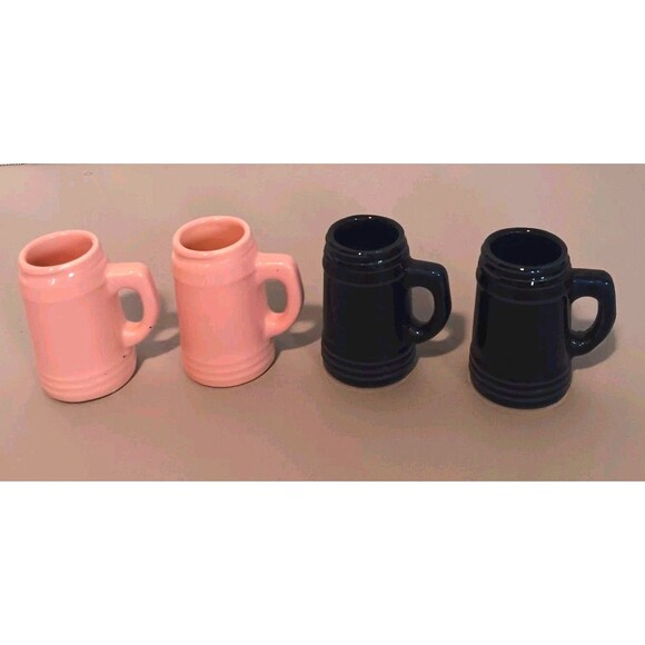 Vtg Mini Beer Stein Set Of 4 Pink & Dark Blue Ceramic Mug Shot Glasses Unmarked - Picture 15 of 16